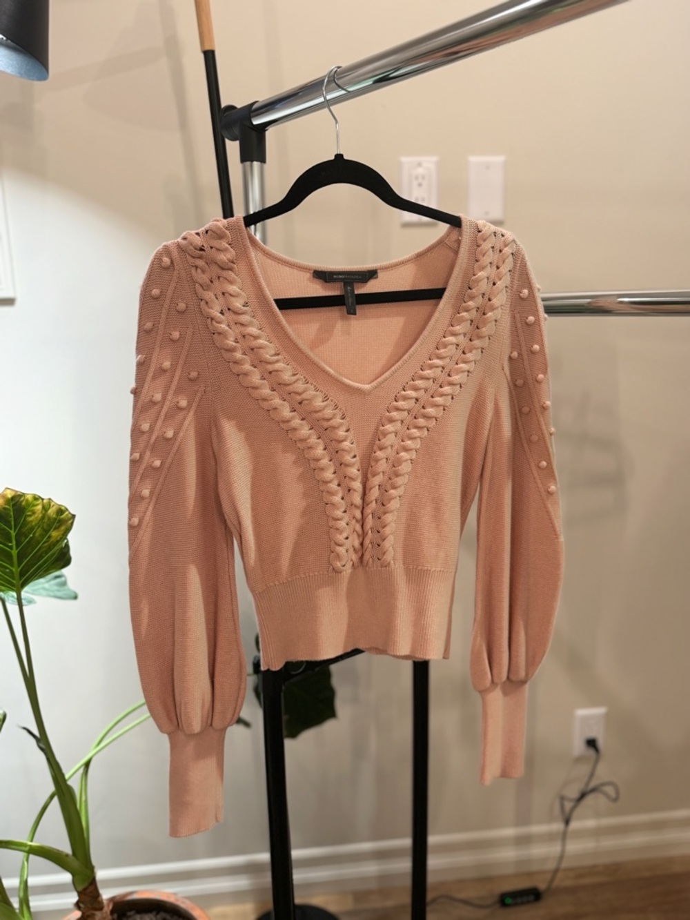 BCBGMaxAzria Blush Pink V-Neck Cable & Bobble Knit Sweater